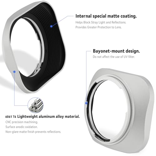 Haoge LH-ZV07 Square Metal Lens Hood for Carl Zeiss Biogon T* 2/35 35mm f2 ZM, C Biogon 2.8/35 35mm f2.8 ZM, Planar T 2/50 50mm f2 ZM; Voigtlander NOKTON Classic 35mm f1.4 VM, 40mm f1.4 VM as LH-6 [Square - Silver]