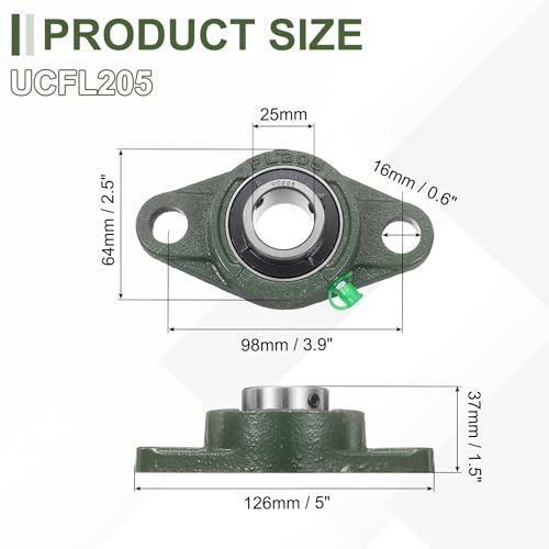 sourcing map UCFL205 Pillow Block Bearings, 25mm Bore Self Alignment, Solid Cast Iron Base, Chrome Steel Flange Mounted Pillow Block Ball Bearing, (ABEC3) UCFL205 (25mm)