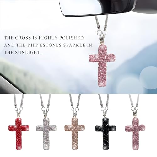 Bling Car Hanging Ornament, Crystal Rhinestone Cross Pendant Rearview Mirror Hanging Accessories, Sparkling Religious Charm Vehicle Interior Decoration for Women Men (Pink) Pink