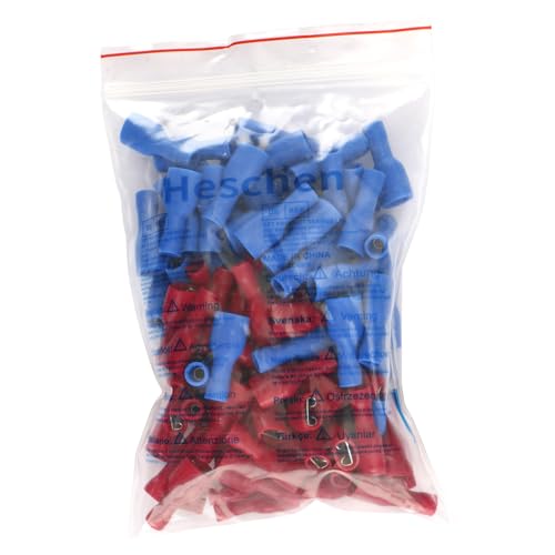 Heschen Quick Coupling Socket Vinyl Fully Insulated, 6.3 x 0.8 mm Cable Lug, Red for 0.5-1.5 mm² (22-16 AWG), Blue for 1.5-2.5 mm² (16-14 AWG), Pack of 100