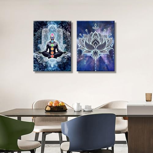 2 Pcs Framed Spiritual Canvas Wall Art Mural Chakra Meditation Poster Lotus Mandala Printed Zen Yoga Artwork Used Mindfulness Therapy Posters Bohemian Picture Home Decoration Gallery Wrapping 12X16Inch Blue Yoga Meditation