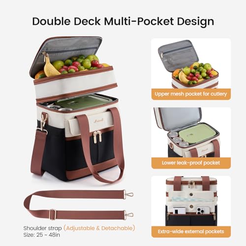 LOVEVOOK Insulated Lunch Box for Women,X Large Adult Lunch Cooler Bag Men Black with Off White with Brown Extra Large - 23 l