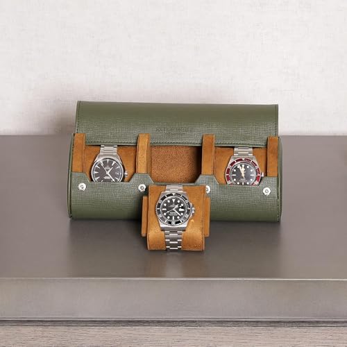 ROTHWELL Watch Roll Travel Case for 3 Watches | Tough Portable Protection, Fits All Wrist Watch & Smart Watches Up to 50mm (Green/Tan) Green/Tan