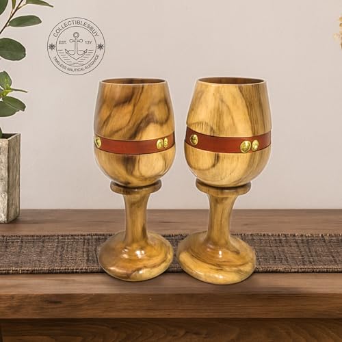 collectiblesBuy Vintage Wooden Wine Goblet Set of 2 with Leather Strap – Handmade Teak Wood Chalices Rustic Drinkware for Wine, Beer, Water & Bar Accessories
