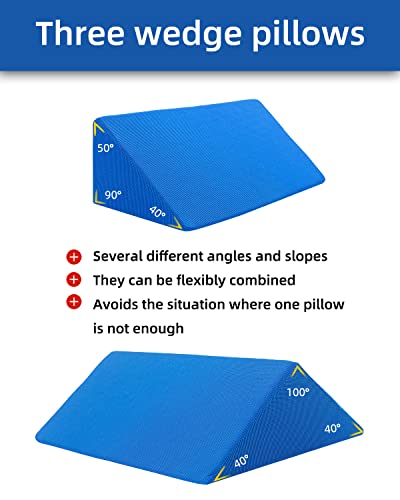 Fanwer Positioning Wedge Pillow for Side Sleeping (3 in 1), 40 Degree Triangle Bed Wedges & Body Positioners for Back Pain, Preventing Bedsores, After Surgery, Knees Elevated, Pregnancy Sky Blue 19.69in
