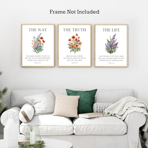 3Pcs Bible Verse Floral Poster,The Way The Truth The Life Scripture Posters Prints Wall Art for Home 11x14 Inch Unframed Bible Floral