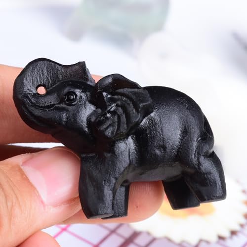 2.1 Inch Black Obsidian Elephant Crystals Decor, Healing Crystal Cute Figurines, Black Elephant Gemstones Decorations Statue, Lucky Reiki Stones in Home Office Meditation Gift for Women Men