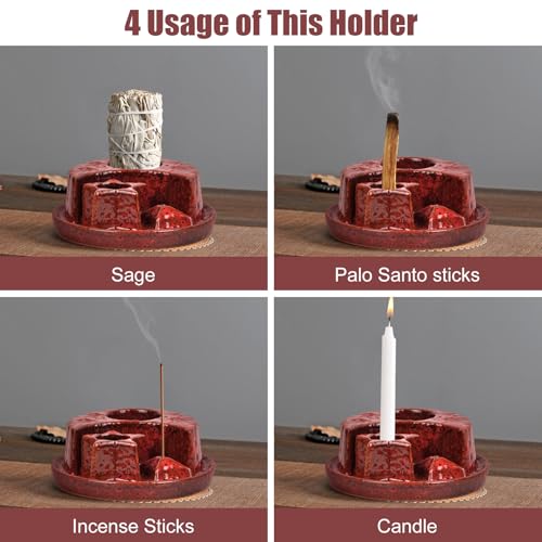 4 in 1 Incense Holder, Incense Burner, Palo Santo Holder, Ceramic Ash Catcher Tray for Meditation Room, Candle Holder for Burning Sage (Speckled Red) Speckled Red