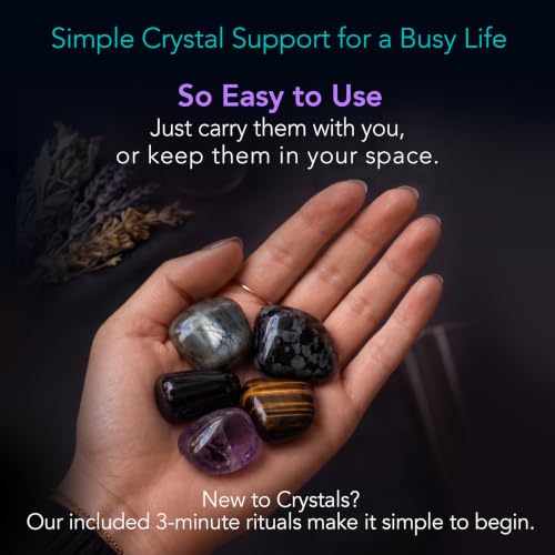 Enchanted LION® Ultra-Premium Ethically Sourced Protection Crystal Set, for Shielding and Peace, Black Tourmaline, Labradorite, Amethyst, Tiger's Eye, Quartz Wand & 3-Minute Ritual Cards + Gift Box