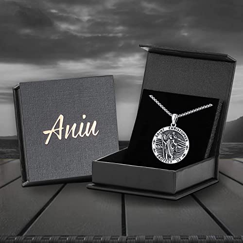 Aniu 925 Sterling Silver Saint Medal Necklace Religious Amulet Jewelry Gift Round - St Christopher Necklace - D