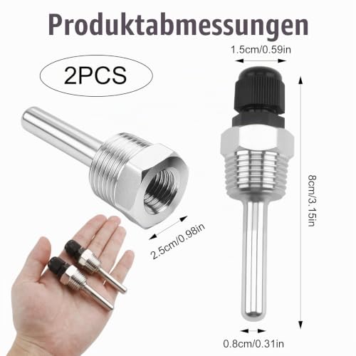 Set of 2 Immersion Sleeves, 1/2 Stainless Steel, Temperature Sensor, 8 x 50 mm, 1/2 Inch Stainless Steel Immersion Sleeve, 8 x 50 mm with G1/2 Thread for Sensors, Collectors, Heating Systems, Industrial Use