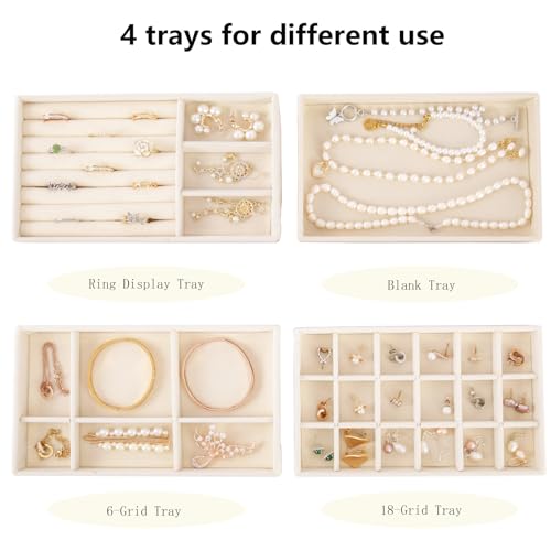 Velvet Jewelry Organizer for Drawer, Stackable Jewelry Drawer Inserts in Dresser, 8in Beige Storage Display Case for Rings Stud Necklaces Accessories, Set of 4 1 set