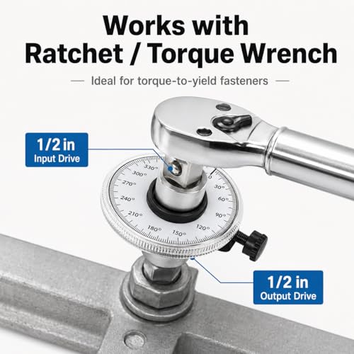 MASITE PCWJ 1/2-inch drive torque angle gauge with 360° scale, dual adjustable arm, and zero-return adapter