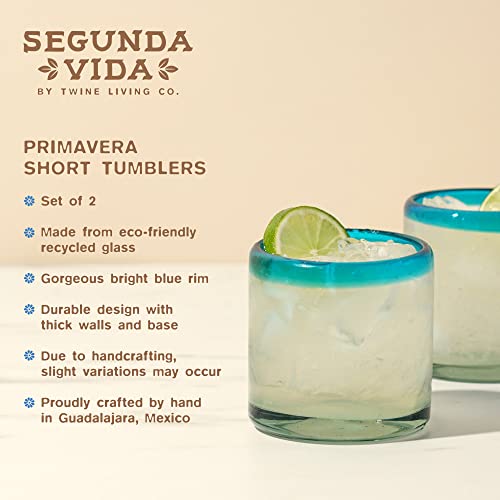 Segunda Vida Primavera Hand Blown Short Tumblers, Recycled Drinking Glasses with Blue Rim for Margarita, Tequila, Cocktails, Iced Drinks, Birthday Gifts for Women, Mexican Glassware, 12 oz, Set of 2 Cocktail Glasses