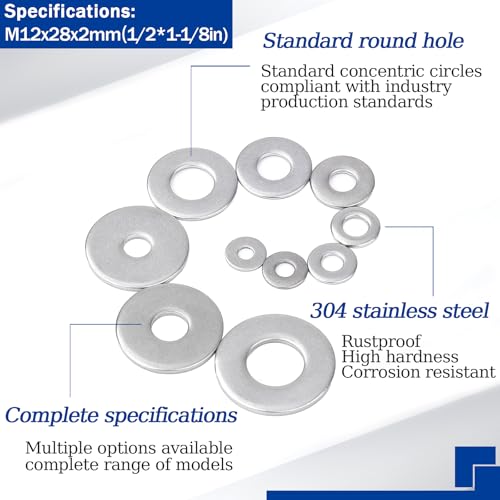 Ranstac 1/2 x 1-1/8 inch flat washers for bolts and screws, 100-piece pack