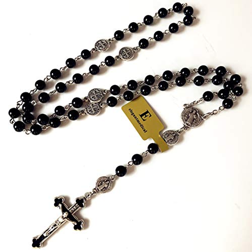elegantmedical HANDMADE Catholic Saint St. Benedict Black Agate Beads Gift Rosary Necklace Cross Jerusalem
