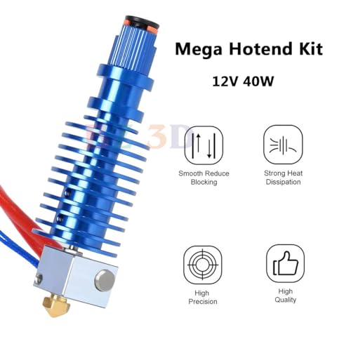 i3 Mega All Metal Hotend 12V 40W Kit for i3 Mega,Mega X,Mega S,Mega Pro 3D Printer Extruder V5 Print Head Hotend,Upgrade Bi-Metal Heatbreak,Heater Block Aluminum,V6 Brass Nozzle 0.4mm. 12V Kit