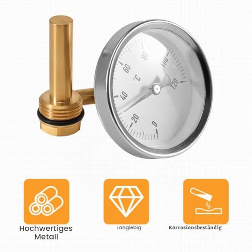 Bimetallic thermometer Ø63 mm 0–120°C with G1/2 connection | With Ø10 mm immersion sleeve for temperature measurement on radiators, heating systems, boilers and hot water pipes