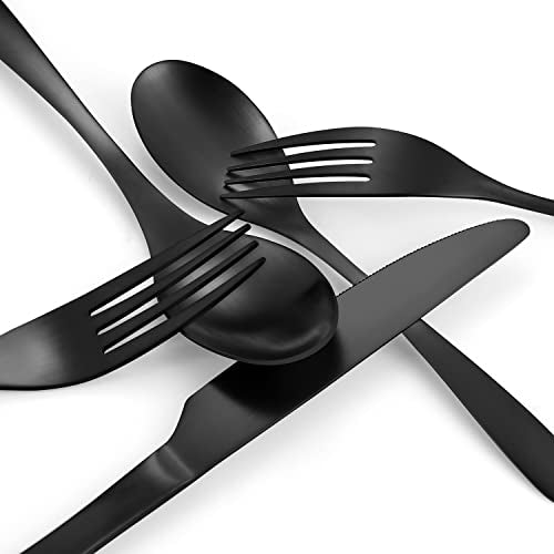 Matte Black Silverware Set, Bysta 20-Piece Stainless Steel Flatware Cutlery Set for 4, Satin Finish, Dishwasher Safe, Nice Box Package Matte Black