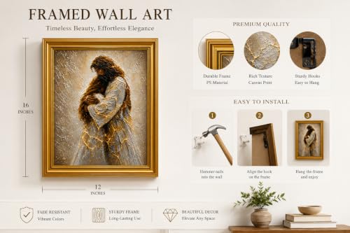 Christian Canvas Wall Art Framed Jesus Embrace Spiritual Artwork 16x12Inch Christian Texture Canvas 27 16"L x 12"W