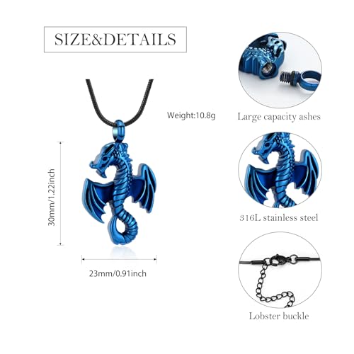 Dragon Urn Necklace for Ashes Viking Cremation Jewelry Stainless Steel Memorial Necklaces Ash Holder for Human Pets Keepsake Jewelry with Fill Tool Blue