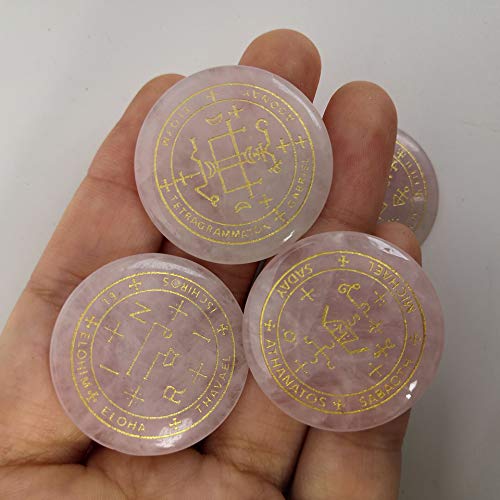 7 Piece Archangel Engraved Crystal Stone Set, Natural Gemstone Palm Disc with Gold Magic Symbols, Spiritual Decor Meditation Pocket Stone Gift Set,Rose Quartz Rose Quartz