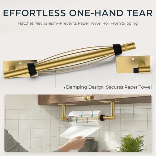 FORIOUS Paper Towel Holder Under Cabinet, Single Hand Tear, Brushed Gold One-Handed Tear (Upgraded)