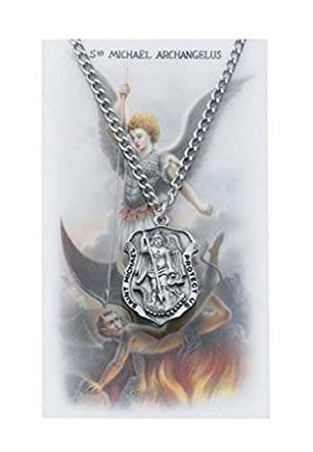 Saint Michael Badge Shape Pewter Medal Pendant Necklace with Holy Prayer Card