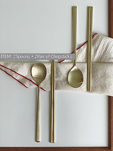 Korean Made Traditional Utensil Chopstick Set Flatware Champagne Gold Stainless Steel Spoon & Chopsticks Comfortable Grip Gift for Mom (2) Stocking Stuffer 2