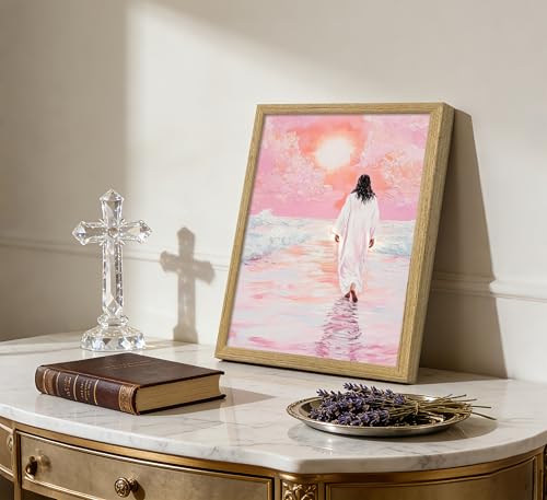 Framed Jesus Walking Water Canvas Wall Art 12x16 Inch Jesus Walking On Water Framed 16"L x 12"W