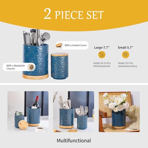 TEATALK Ceramic Canister with Airtight Lid, Cookie & Coffee Canister for Countertop, Food Storage Jar for Sugar, Tea, Matcha, Candy, Coffee Bean Container, Dark Blue, 7.7"+5.7" Set2-Dark Blue