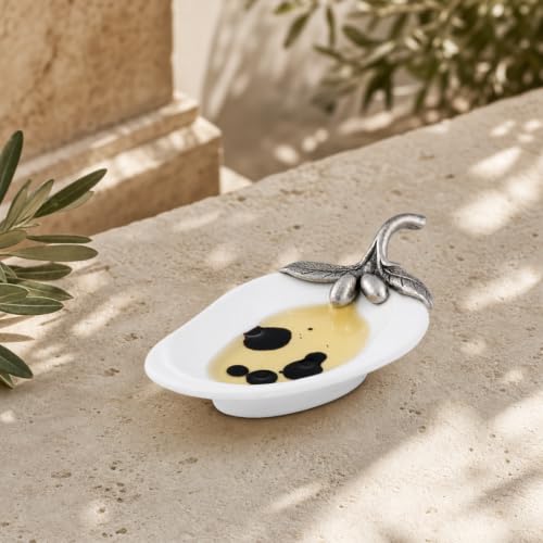 Vagabond House Olive Oil Server and Spoon Rest with Pewter Olive Branch Accent - Elegant Porcelain Kitchen Accessory - 4.5" L x 2.5" W