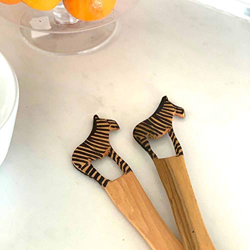 Global Crafts Hand Carved Mhugu Zebra Salad Serving Set - Wood Flatware, Set of 2