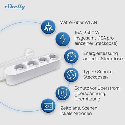 Shelly Power Strip 4 Gen4 White - Matte & WLAN Multiple Socket, 4-Way Smart Power Strip, Power Measurement, 16 A Total, 3500 W, Timer Switch, Zigbee, Google, Alexa, Apple, No Hub Required