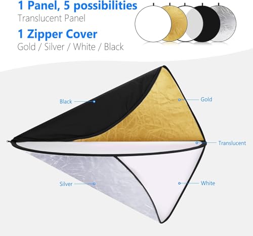 NEEWER 43 Inch/110 Centimeter Light Reflector Diffuser 5 in 1 Collapsible Multi Disc with Bag - Translucent, Silver, Gold, White, and Black for Studio Photography Lighting Outdoor 110cm
