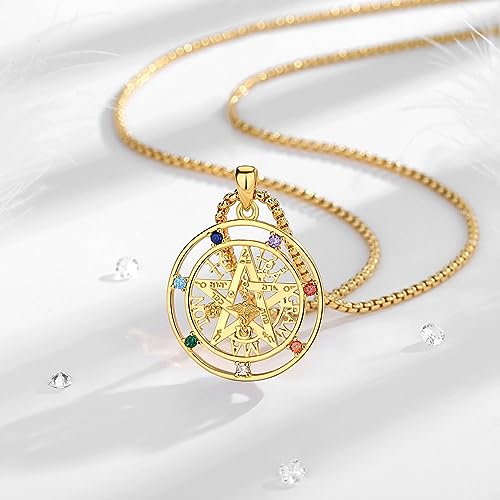 Witcher Pentagramm Kette Ring für Damen Herren Sterling Silber 925, Tetragrammaton Runen Halskette Amulett Vintage Anhänger Energie Schmuck Geschenk für Frauen Herren A-Chakra-Gold