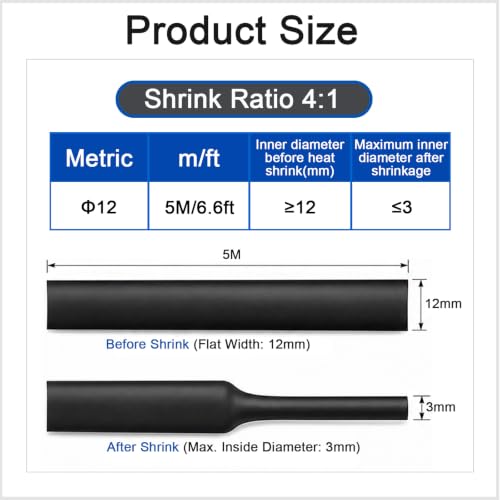 Heat Shrink Tubing 4:1, 5 m Length, Heat Shrink Tubing with Adhesive 12 | Black Heat Shrink Tubing Waterproof and Insulating for Cable Insulation, Marking, Cable Bundling, Repairs (12 mm x 5 m) 12mmx5m