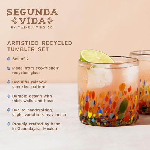 Twine Segunda Vida Artistico 100% Recycled Glassware Tumblers, Hand Blown Cocktail Glasses for Dinner Party, Icon Glasses Gifts, Stemless Margarita Mexican Glassware, Set of 2, 13 oz, Multicolor