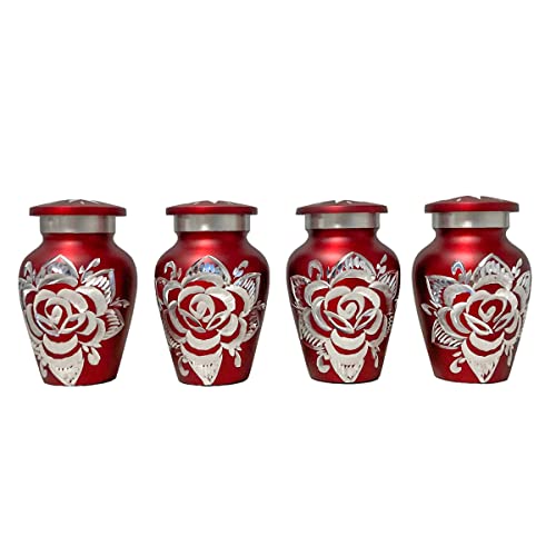 Mainely Urns Set of 4 Crimson Keepsake Cremation Urns for Human Ashes with Engraved Rose Design Small 3 Cubic Inch Capacity Urns for Sharing and Memorializing a Loved One
