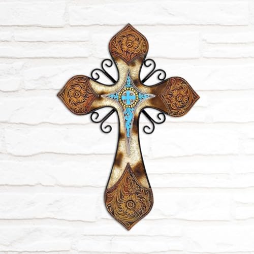 AMAJY Rustic Western Style Cowhide Faux Tooled Leather Wall Cross with Turqoise Center Piece and Floral Embossed Design Spiritual Wall art Southwest Decor