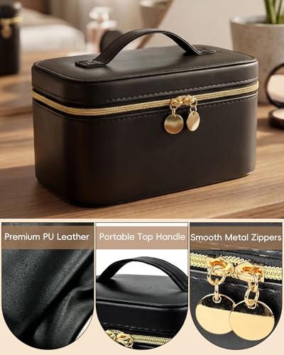 Large Travel Jewelry Box, Hard Shell PU Leather with 20 Zippered Clear Pockets for Earrings Rings Necklaces (Black) Black