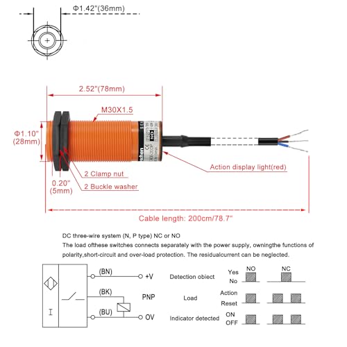 Heschen Capacitive Proximity Sensor M30.1-20 mm Detection Distance, 10-30V DC, 200mA, 3-Wire (PNP NO, SZC-M30-20DP) PNP NO