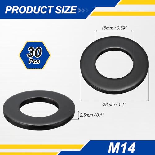 BOLTALIVON M14 carbon steel flat washers, 28mm outer diameter and 2.5mm thick, 30-piece set