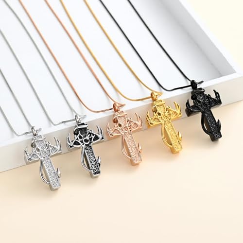 shajwo Deer Antler Cross Urn Necklace for Ashes Silver with Black