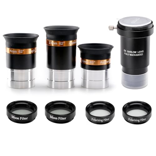62° Aspheric Eyepiece Set, 1.25-Inch, 5X Barlow & Filters Telescope Optics Set – 62° Eyepiece & 5X Barlow