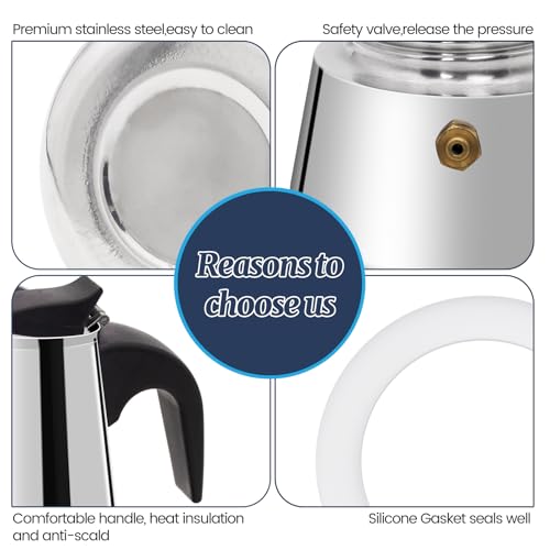 Stainless steel 2-cup Moka pot by Supvision for stovetop espresso, with 100ml capacity and classic Italian design.