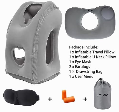 Inflatable Travel Pillow,U-Shaped JYSW Portable Airplane Pillow Multifunctional Neck and Head Support Lap Pillow for Airplanes Trains Buses and Office Napping with Eye Mask, Earplugs, Grey