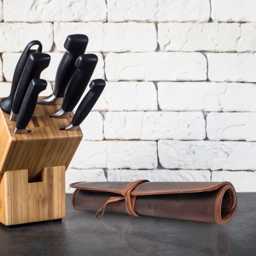 Knife Roll Bag Professional Chef Knife Case, Durable Knife Sheath Holder, Cooks & Culinary Tools Carrying Storage, Portable Knife Wrap - 4 Slots Distressed Brown