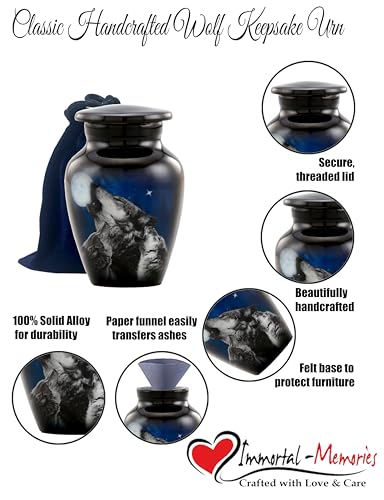 Midnight Wolves Keepsake Urn - 3 Wolves Mini Cremation Urn for Ashes - Wolves Howling at The Moon Sharing Urn - Wolf Urn - Moonlit Wolves Memorial Token Urn with Premium Box & Bag (Keepsake) Mini (Keepsake)