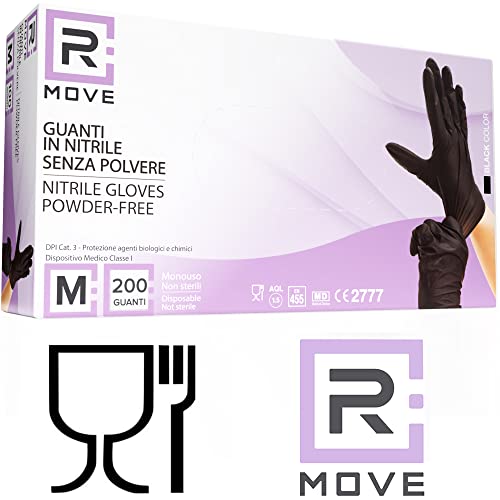 R MOVE Pack of 200 Disposable Gloves, Black, M Nitrile Gloves, Rubber Gloves, Disposable Medical Examination Gloves, Powder-Free (200, Black, M)